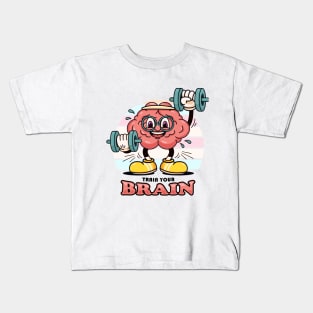 Train your brain, cartoon mascot's brain exercises barbell Kids T-Shirt